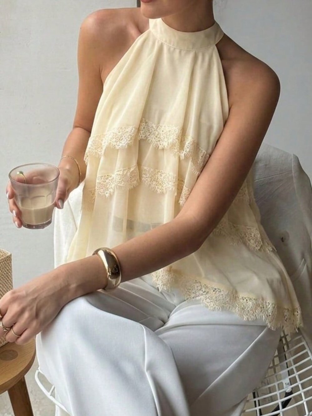 Apricot Casual Women's Halter Neck Ruffled Chiffon Lace Hem Blouse